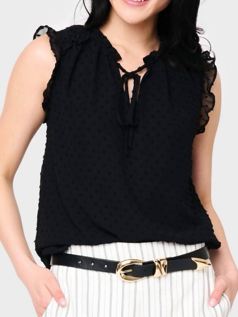 GibsonLook Women’s Black Pin Dot Smocked Detail V-Neck Ruffle Trim Blouse XS